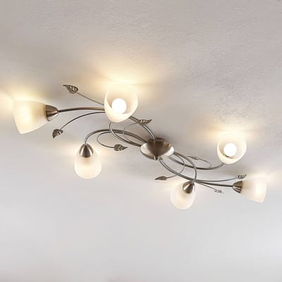 Lindby - plafondlamp - 6lichts - Metaal, glas - H: 13 cm - E14 - nikkel, wit