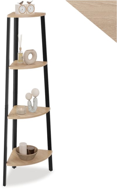 Tectake® Hoekkast met 4 niveaus – Industrieel Design – Boekenkast – Afmetingen (LxBxH) 34 x 34 x 125 cm – Ladderkast voor Woonkamer, Keuken, Kantoor & Hal – Zwart Metaal Frame – Lichtbruin