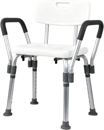 Livista Douchestoel - Verstelbare Hoogte 74-88cm - Geïntegreerde Douchekruk - Max. 150KG - Met Rugleuning en Armleuningen - Antislippoten - Wit
