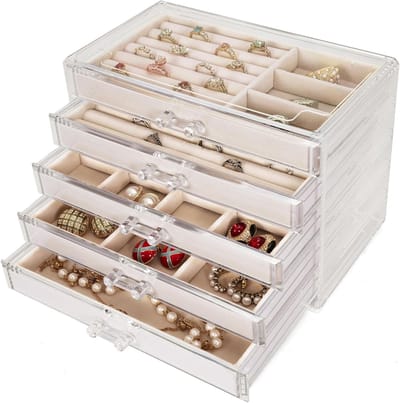 Transparante Acryl Sieradenbox met 5 Lades - Organiseer Ringen, Oorbellen, Horloges en Armbanden in Stijl, Beige