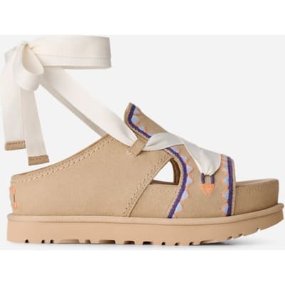 UGG® Goldenstar Hi Artistitch Sandal in Sand Multi, Size 6, Suede/Polyester/Cotton