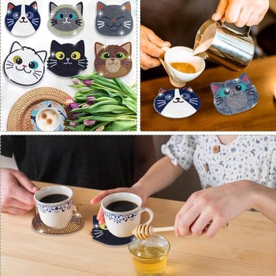 Onderzetters Diamantkunst - Diamant Schilderen Set - Huis Decoratie Knutselen - Schattig Katten Thema - 10 Stuks - Multicolor