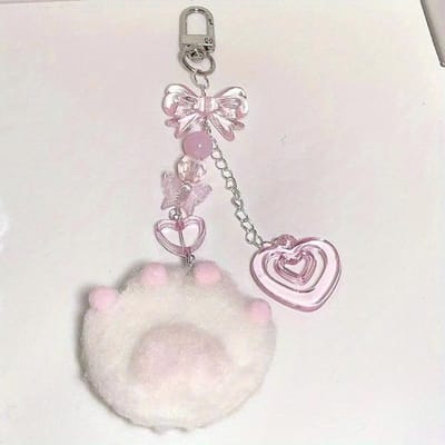 Schattige Pluche Kattenpoot Hanger Sleutelhanger Y2K Zoete Ster Roze Hart Strik Mobiele Telefoon Hanger Acryl Ketting Sleutelhanger gray