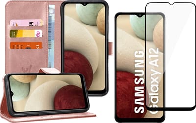 Hoesje geschikt voor Samsung Galaxy A12 - Screen Protector FullGuard - Book Case Kunstleer Pasjeshouder Rosegoud & Screenprotector