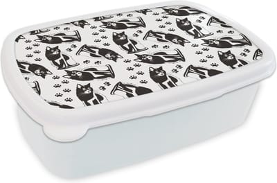 Broodtrommel Wit - Lunchbox - Brooddoos - Patronen - Kat - Zwart - Wit - Jongens - Meisjes - Kinderen - Kind - 18x12x6 cm - Volwassenen