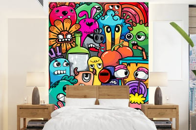 Behang - Fotobehang Design - Regenboog - Dieren - Monsters - Grappig - Kind - Breedte 165 cm x hoogte 220 cm