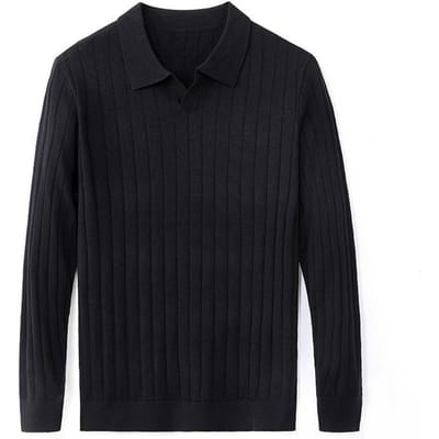 Heren Lente Revers Lange Mouwen Puur Wol T-shirt Hoge Kwaliteit Pitstreep 48 Count Kamgaren Zwaluwstaartkraag Poloshirt XXXXL black