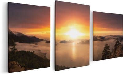 Artaza Canvas Schilderij Drieluik Zonsondergang In De Bergen Met Wolken - 120x60 cm - Wanddecoratie Woonkamer - Schilderijen - Muurdecoratie