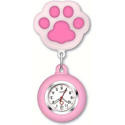 Montre d'infirmière en forme de patte de chat mignonne avec broche et clip rétractable et télescopique pour infirmière, médecin, ambulancier rose