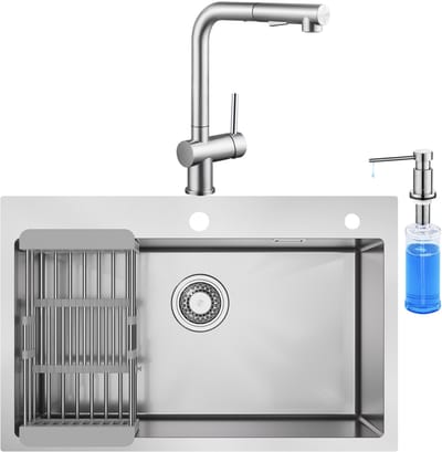 CECIPA max Spoelbak voor keuken 70x45cm - Spoelbak Keuken Met Keukenkraan met Uittrekbare Uitloop en Zeepdispenser 300ML - Wasbak met waterafvoersysteem - Gootsteen RVS