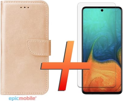 Hoesje geschikt voor Galaxy A31 Hoesje - Book Case Portemonnee - Goud - 1x Tempered Glass Screenprotector - EPICMOBILE