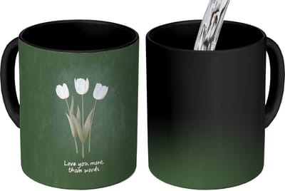 Magische Mok - Foto op Warmte Mokken - Koffiemok - Tulpen - Roze - Tekst - Love - Magic Mok - Beker - 350 ML - Theemok - Mok met Tekst