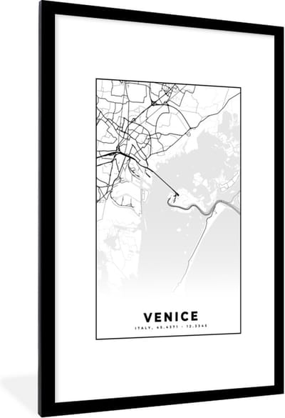 Fotolijst incl. Poster Zwart Wit- Venetië - Plattegrond- Stadskaart - Zwart Wit - Kaart - 80x120 cm - Posterlijst