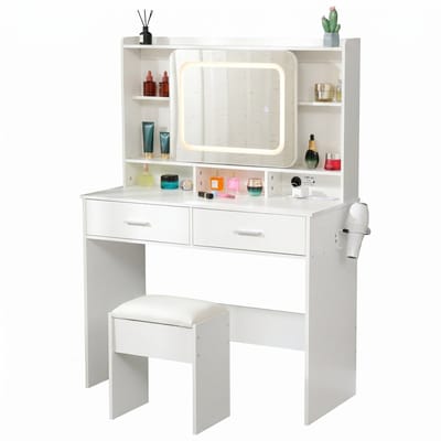 Make Up Tafel – Kaptafel met Spiegel en Verlichting – Inclusief Kruk – Verschuifbare LED Spiegel – 2 Stopcontacten & 2 USB-poorten – Föhnhouder – 3 Lichtkleuren Dimbaar met Touch – 2 Lades – 138 x 100 x 43 cm – Wit – Monza Home
