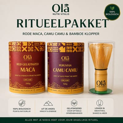 Olā Nutri Vitalis Ritueelpakket – Biologische Rode Maca 200g, Camu Camu 100g & Bamboe Klopper