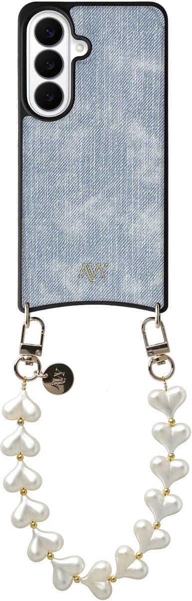 AVY Hoesje Geschikt voor Samsung Galaxy S26 | Compatibel met MagSafe | Kunstleren Case met Telefoonkoord | Polsband | Denim | Cupid Pearl