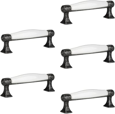 5 x Meubelgreep MARIE Boorgatafstand 96 mm Antiek-zilver-wit Porseleingreep van SOTECH