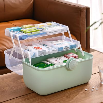 Opbergdoos voor medicijnkastje - 3-laags kunststof met vakken en slot Doorzichtige EHBO-doos voor noodgevallen - pillendoosje voor babymedicijnen (groente)
