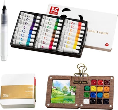 Mini Watercolor Set met 24 Kleuren, 15 Grids, Tekenpad, Kwast en Map - Draagbaar en Vouwbaar Reiskunstset