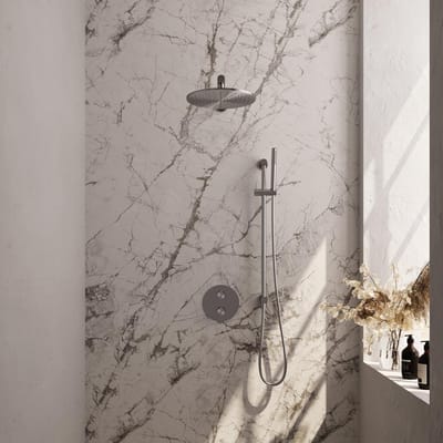 Brauer Brushed Edition thermostatische inbouw regendouche 3-weg rond SET 86 met 30 cm douchekop en rechte muurarm en staaf handdouche en doucheslang en geïntegreerde glijstang RVS geborsteld PVD