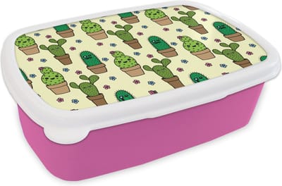 Broodtrommel Roze - Lunchbox - Brooddoos - Patronen - Cactus - Bloemen - 18x12x6 cm - Kinderen - Meisje