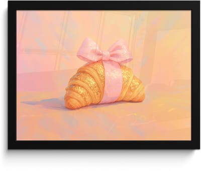 Poster in lijst - Fotolijst 40x30 cm - Posters - Croissant - Strik - Roze - Posterlijst zwart - Decoratie - Wanddecoratie woonkamer - Muurdecoratie slaapkamer