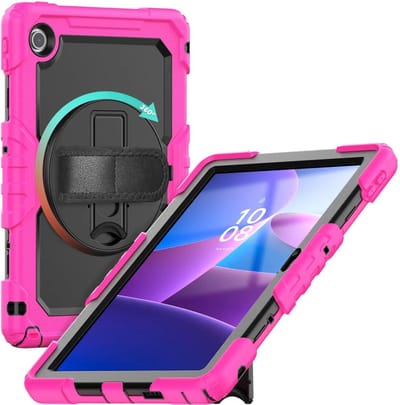 Hoes met ingebouwde Screenprotector Geschikt voor Lenovo Tab M10 Gen 4 (2025) | Inclusief 360° Draaibare Handriem en Schouderriem | Extreme bescherming | Ideaal voor zakelijk gebruik | Roze