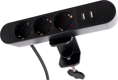 McPower Tafelklem stekkerdoos - Verdeelstekker 3 Stopcontacten - Stekkerblok met 2 USB A - Verdeeldoos met 2 meter kabel - Zwart