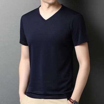 Mulberry Zijde Kortmouwig T-shirt Heren V-hals Effen Kleur Zomer Nieuw Dun Ademend IJszijde Slim Fit Veelzijdige Top L beige