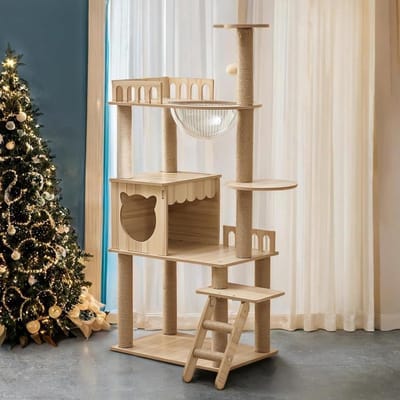 Krabpaal, 135 cm, van hout, stabiel, moderne krabpaal met eigendomswoning, kattentrap, kom, 9 sisal-krabpalen, speelgoedballen, grote kattenkrabpaal (KT-022)