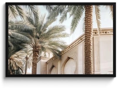 Poster in lijst - Fotolijst 90x60 cm - Posters - Gebouw - Palmbomen - Beige - Zon - Posterlijst zwart - Decoratie - Wanddecoratie woonkamer - Muurdecoratie slaapkamer