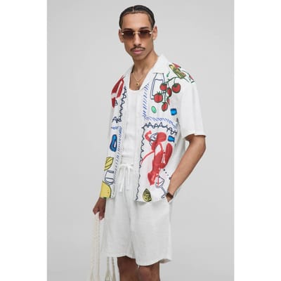 Oversized Linen Blend Conversational Printed Shirt & Short Set | Natural | Size XS