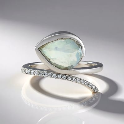 Cavill - Zilveren ring met platina afwerking - 925 Sterling Zilver - 1,53 ct peervormige Paraíba Opaal - 0,135 ct Zirkonia - Modern elegant