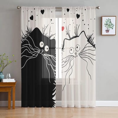 Schattige Huisdieren Kat Moderne Gordijnen Voor Woonkamer Transparante Tule Gordijnen Raam Sheer Voor De Slaapkamer Accessoires Decor W135 x H244cm