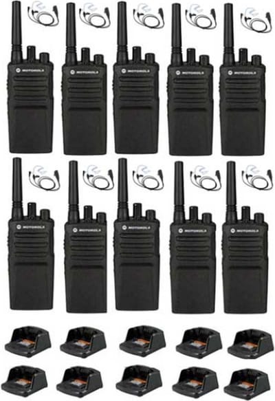 Set van 10 Motorola XT420 UHF IP55 PMR446 met laders en beveiliging oortje M1 2-Pins