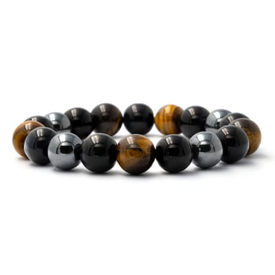 Bixorp Gems Tijgeroog + Hematiet + Onyx Edelstenen Armband - Gepolijste Edelsteen Kralenarmband - 12mm / 18cm