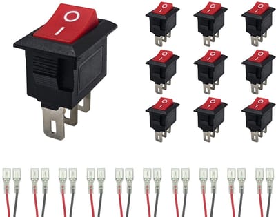 ProRide Mini Wipschakelaar ON/OFF KCD1-11 - met Aansluitkabels - 3-pins - 13x8mm - Rechthoek - 250V/3A - Rood - 10 stuks