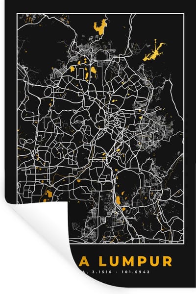 Muurstickers - Sticker Folie - Kuala Lumpur - Stadskaart - Plattegrond - Goud - Kaart - 20x30 cm - Plakfolie - Muurstickers Kinderkamer - Zelfklevend Behang - Zelfklevend behangpapier - Stickerfolie