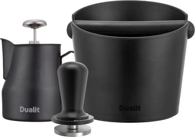 DUALIT Barista Kit - Incl. Melkopschuimer, Thermometer, Tamper 51 mm & Afklopbak - Barista Accessoires - RVS - Zwart