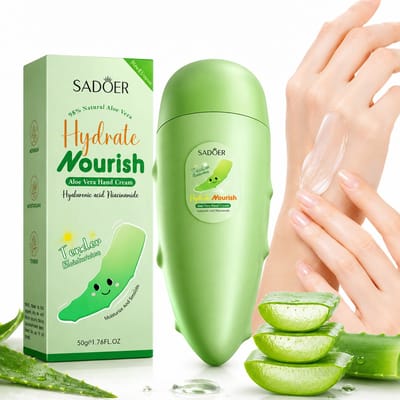 SADOER Aloë Vera Handcrème 50g | 98% Aloë Vera | Handcrème Droge Handen | Hydraterende Handcrème | Herstellende Handcrème | Snelle Opname | Niet Vet | Hyaluronzuur | Niacinamide | Handverzorging | Voedende Crème | Ruwe Huid