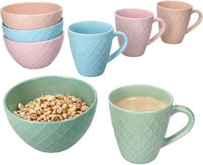 8-delig set pastelkleurige Müsli- en koffiekopjes in roze, lichtblauw, groen en abrikoos - 78894 & 78896