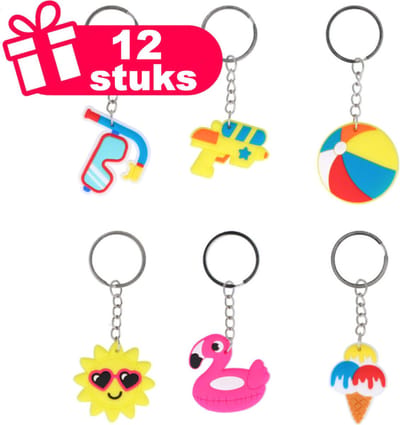 Henbrandt - 12 Stuks Zomer Mix Vakantie Style Sleutelhangers - Traktatie uitdeelcadeautjes voor kinderen & peuters - Traktaties en kinderverjaardagen - Klein grabbelton speelgoed voor in traktatie uitdeelzakjes