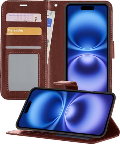 Hoesje - Geschikt voor Apple iPhone 16 - Luxe Bookcase - Walletcase Hoes - Portemonnee - Cover - Telefoonhoes - Bruin