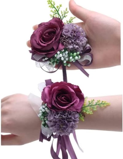 Roze Bloem Corsage en Boutonniere Set voor Bruiloft en Feestdecoraties (Diep Paars)