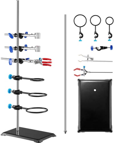 Cherrys Finds - Laboratorium Statief - Laboratorium Statief Klem - Ondersteuningsset - 23,6 Stalen Staaf met 8,3 X 5,3 Gietijzeren Voet - Incl. Plunjer, Buret En Kruisklemmen