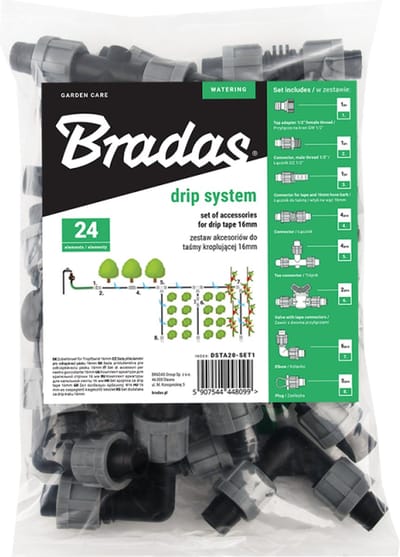 Bradas accessoireset voor druppelslang – 16 mm – 24-delig – Koppelstukken, eindkappen en aansluitstukken – Voor tuinirrigatie