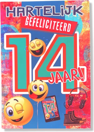 Hoera 14 Jaar! Luxe verjaardagskaart - 12x17cm - Gevouwen Wenskaart inclusief envelop - Leeftijdkaart