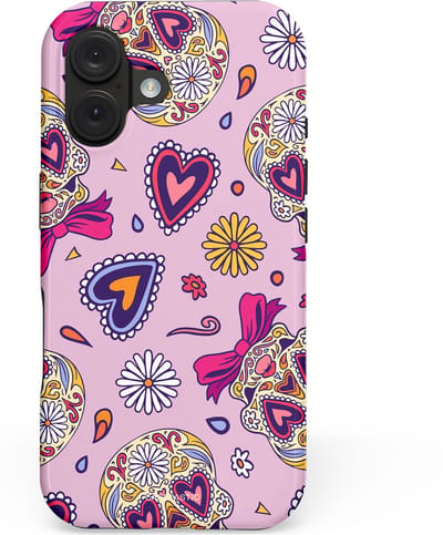 Casetastic hoesje geschikt voor Apple iPhone 16 - MagSafe - Dubbellaagse bescherming - Dia de los Muertos Doodshoofd Strik - Fashion Case - Lichtroze Lila Taupe Zilver