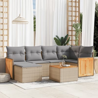 vidaXL - 7-delige - Loungeset - met - kussens - poly - rattan - beige