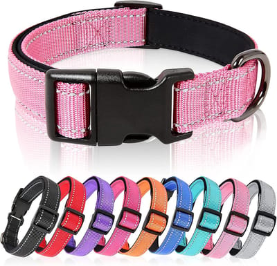 Hondenhalsband, Reflecterende Halsband, Gevoerde, Ademende, Zachte Neopreen Nylon Halsband, Verstelbaar voor Kleine Middelgrote Grote Honden, Roze, L